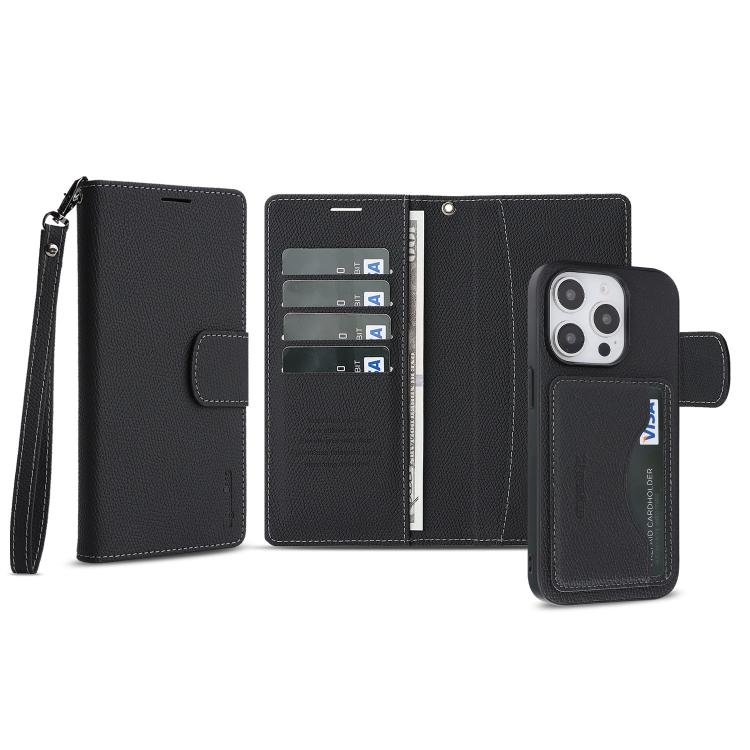 For iPhone 15 Pro Retro Litchi Texture Vegan Leather Magnetic Wallet Phone Case with Wrist Strap