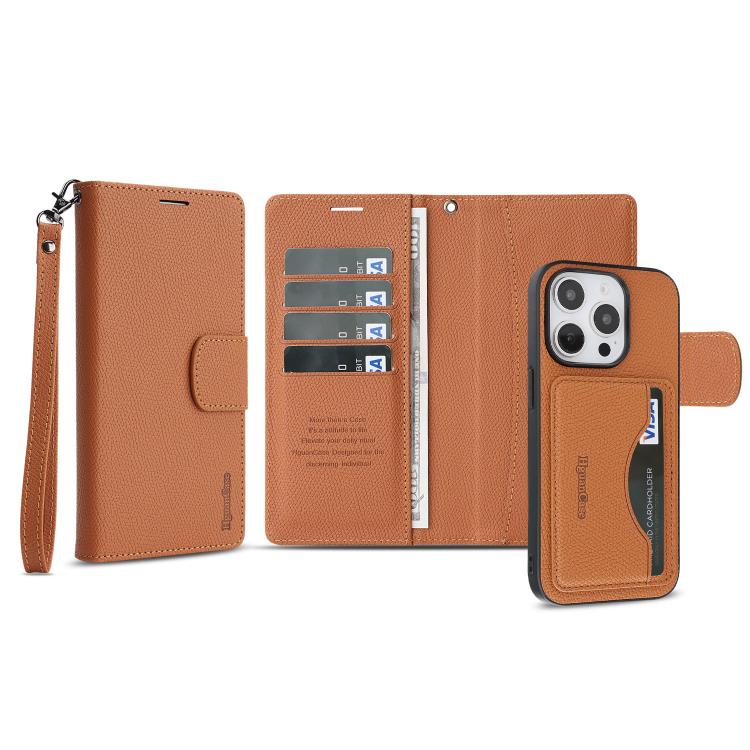 For iPhone 15 Pro Retro Litchi Texture Vegan Leather Magnetic Wallet Phone Case with Wrist Strap