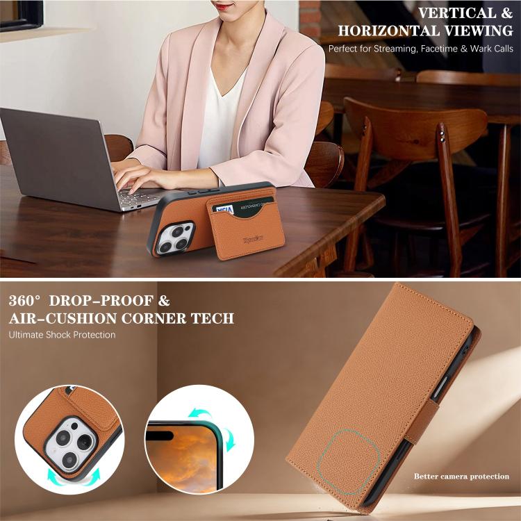 For iPhone 15 Pro Retro Litchi Texture Vegan Leather Magnetic Wallet Phone Case with Wrist Strap