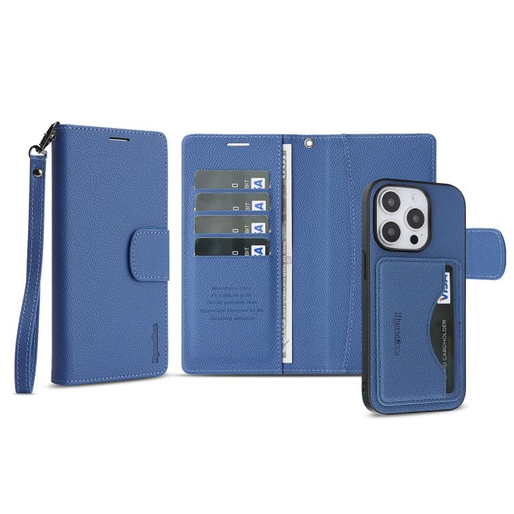 For iPhone 15 Pro Retro Litchi Texture Vegan Leather Magnetic Wallet Phone Case with Wrist Strap