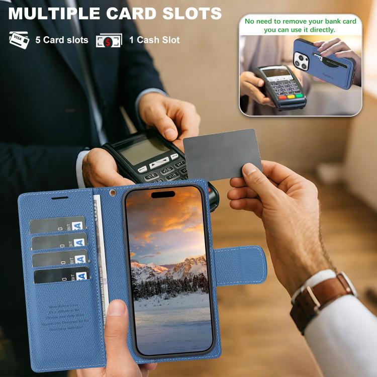 For iPhone 15 Pro Retro Litchi Texture Vegan Leather Magnetic Wallet Phone Case with Wrist Strap