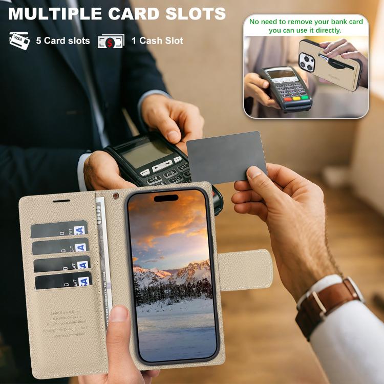For iPhone 15 Pro Retro Litchi Texture Vegan Leather Magnetic Wallet Phone Case with Wrist Strap