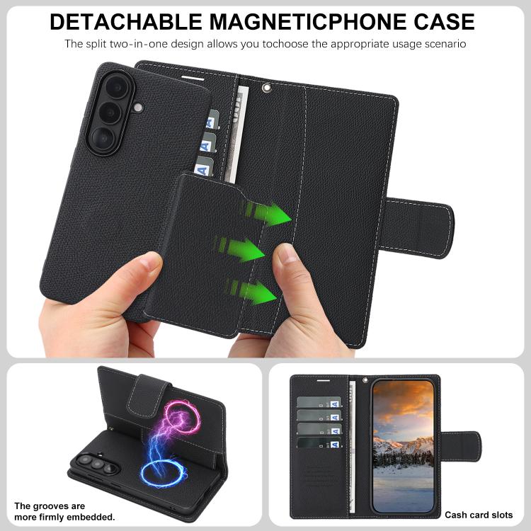 For Galaxy S26 5G Retro Litchi Texture Vegan Leather Magnetic Wallet Phone Case with Wrist Strap