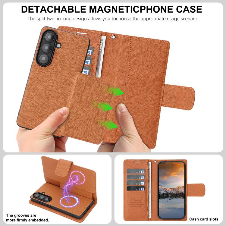 For Galaxy S26+ 5G Retro Litchi Texture Vegan Leather Magnetic Wallet Phone Case with Wrist Strap