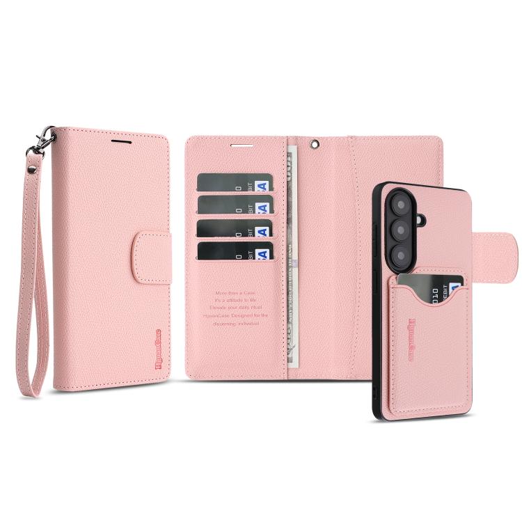 For Galaxy S26+ 5G Retro Litchi Texture Vegan Leather Magnetic Wallet Phone Case with Wrist Strap
