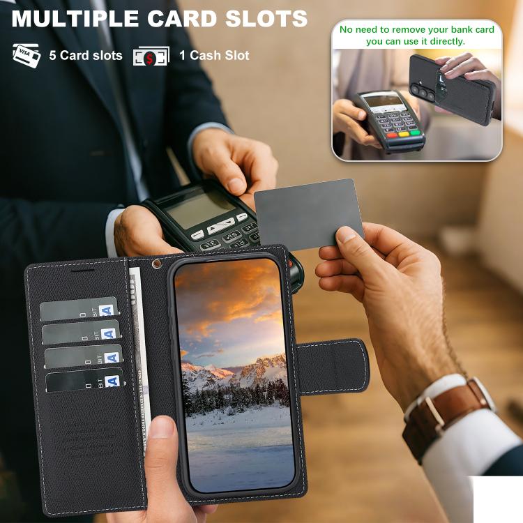 For Galaxy S25+ 5G Retro Litchi Texture Vegan Leather Magnetic Wallet Phone Case with Wrist Strap