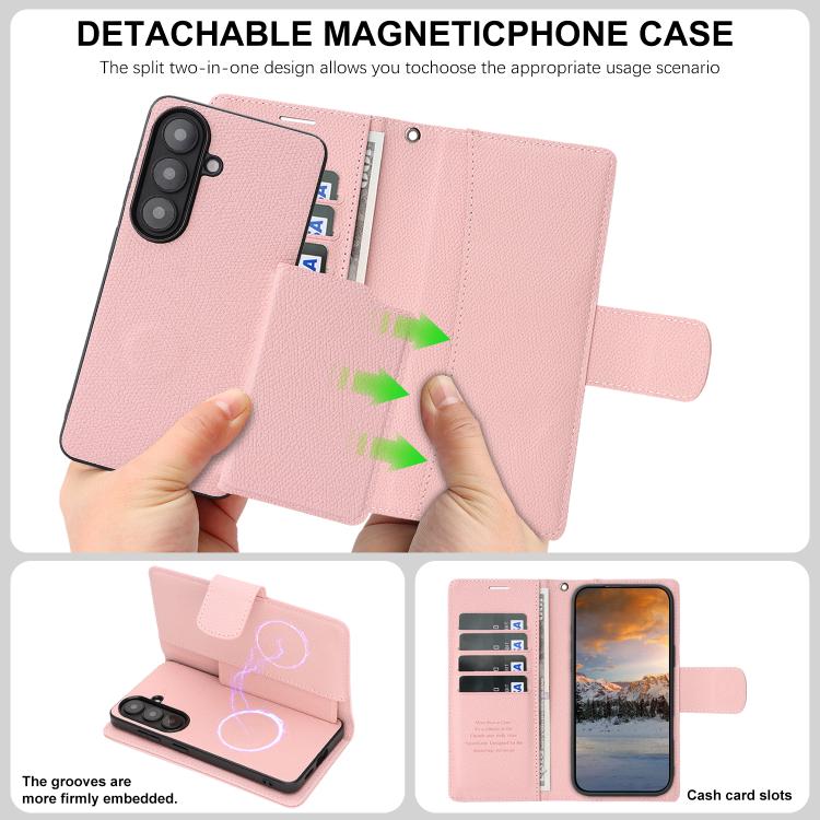 For Galaxy S25+ 5G Retro Litchi Texture Vegan Leather Magnetic Wallet Phone Case with Wrist Strap