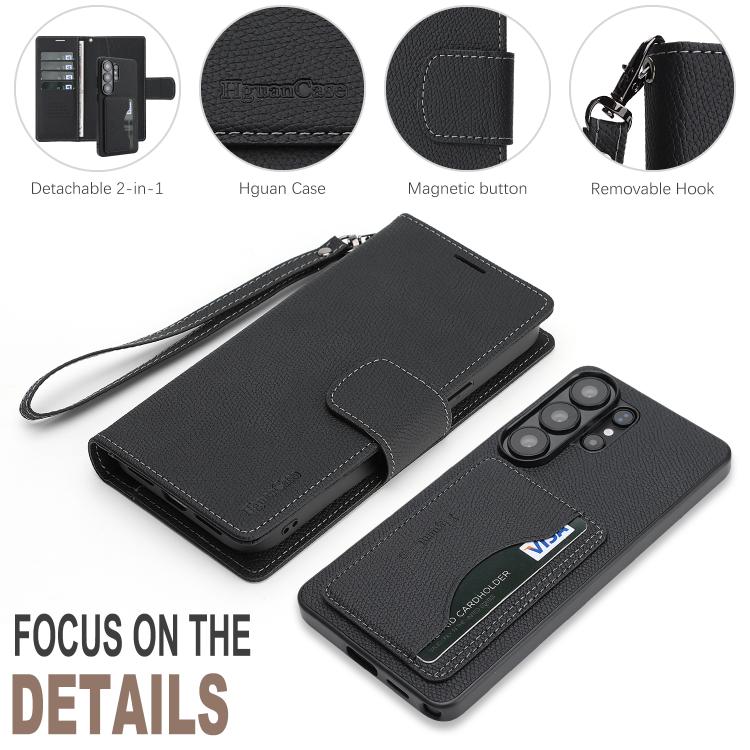 For Galaxy S25 Ultra 5G Retro Litchi Texture Vegan Leather Magnetic Wallet Phone Case with Wrist Strap