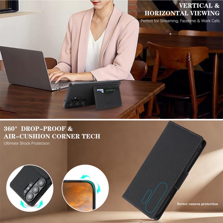 For Galaxy S25 Ultra 5G Retro Litchi Texture Vegan Leather Magnetic Wallet Phone Case with Wrist Strap