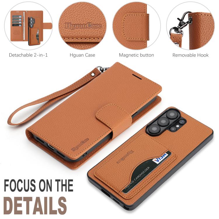 For Galaxy S25 Ultra 5G Retro Litchi Texture Vegan Leather Magnetic Wallet Phone Case with Wrist Strap