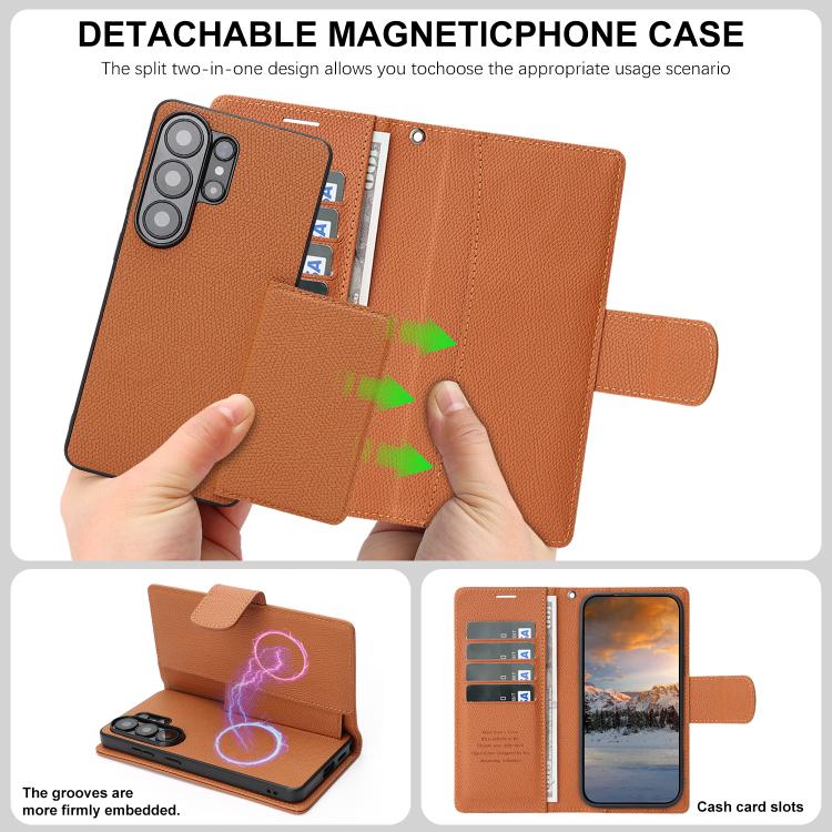 For Galaxy S25 Ultra 5G Retro Litchi Texture Vegan Leather Magnetic Wallet Phone Case with Wrist Strap