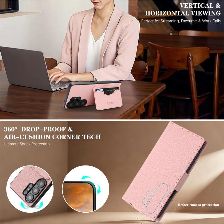For Galaxy S25 Ultra 5G Retro Litchi Texture Vegan Leather Magnetic Wallet Phone Case with Wrist Strap