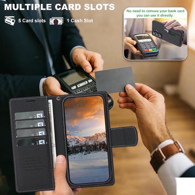 For Galaxy S26 Ultra 5G Retro Litchi Texture Vegan Leather Magnetic Wallet Phone Case with Wrist Strap