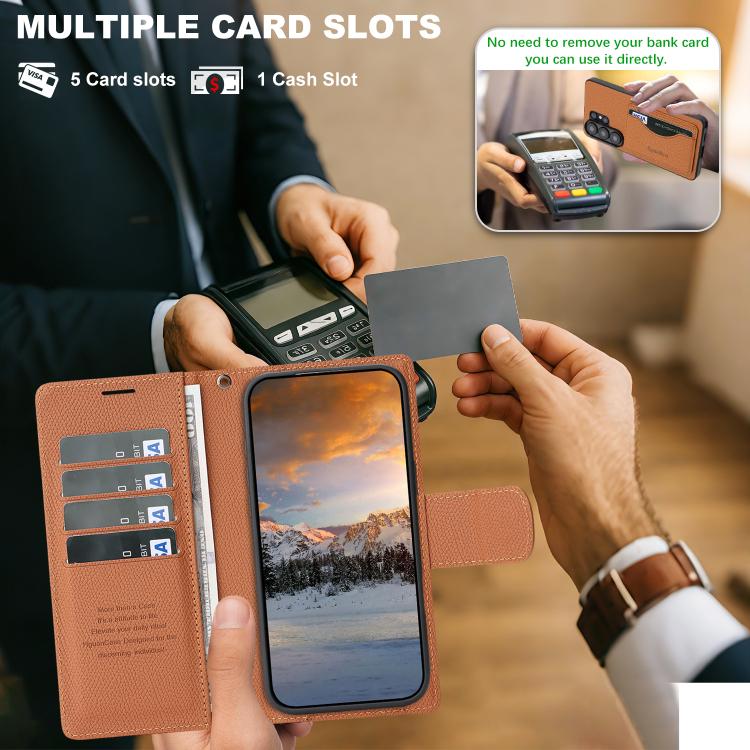 For Galaxy S26 Ultra 5G Retro Litchi Texture Vegan Leather Magnetic Wallet Phone Case with Wrist Strap