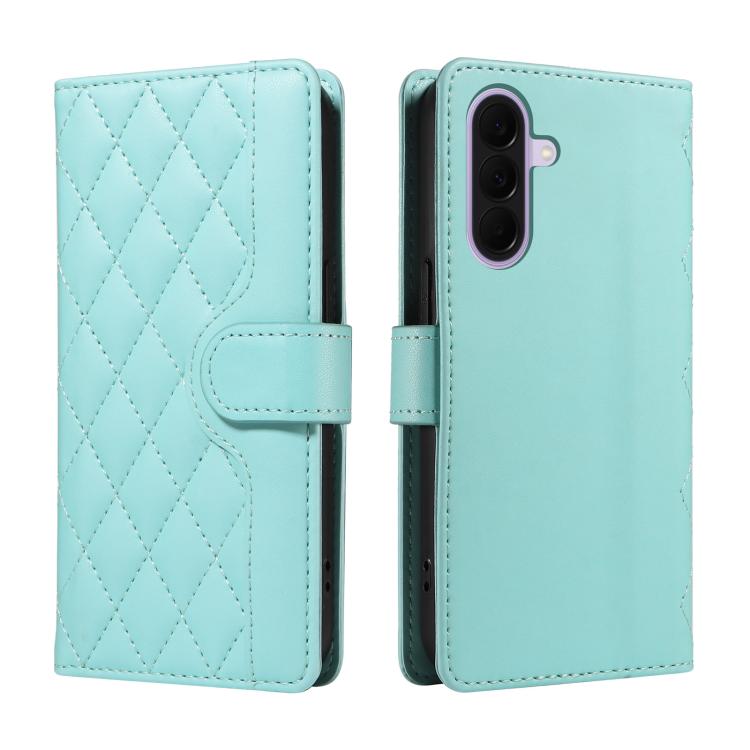 For Galaxy A27 5G Three Card Slot Diamond Grid Leather Phone Case with Long / Short Straps