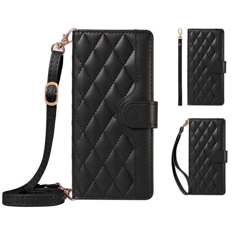 For Galaxy A27 5G Three Card Slot Diamond Grid Leather Phone Case with Long / Short Straps