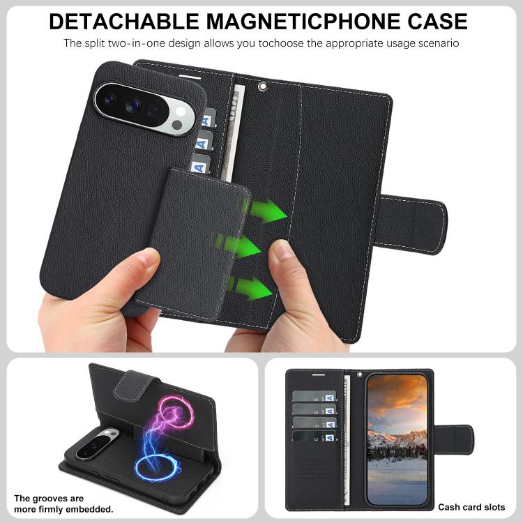 For Google Pixel 9 / 9 Pro Retro Litchi Texture Vegan Leather Magnetic Wallet Phone Case with Wrist Strap