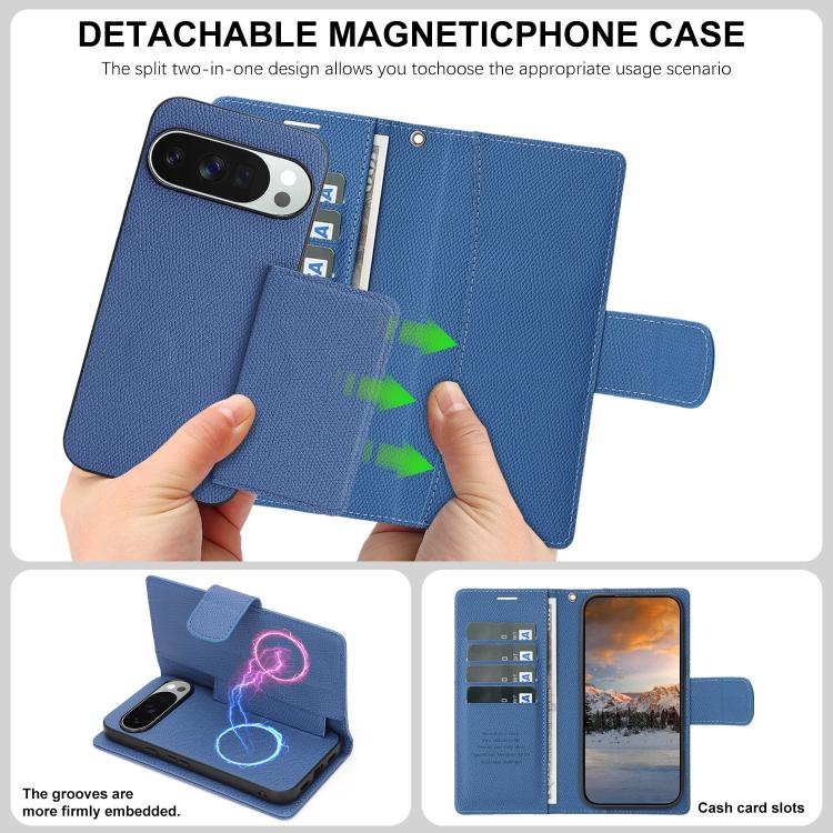 For Google Pixel 9 / 9 Pro Retro Litchi Texture Vegan Leather Magnetic Wallet Phone Case with Wrist Strap