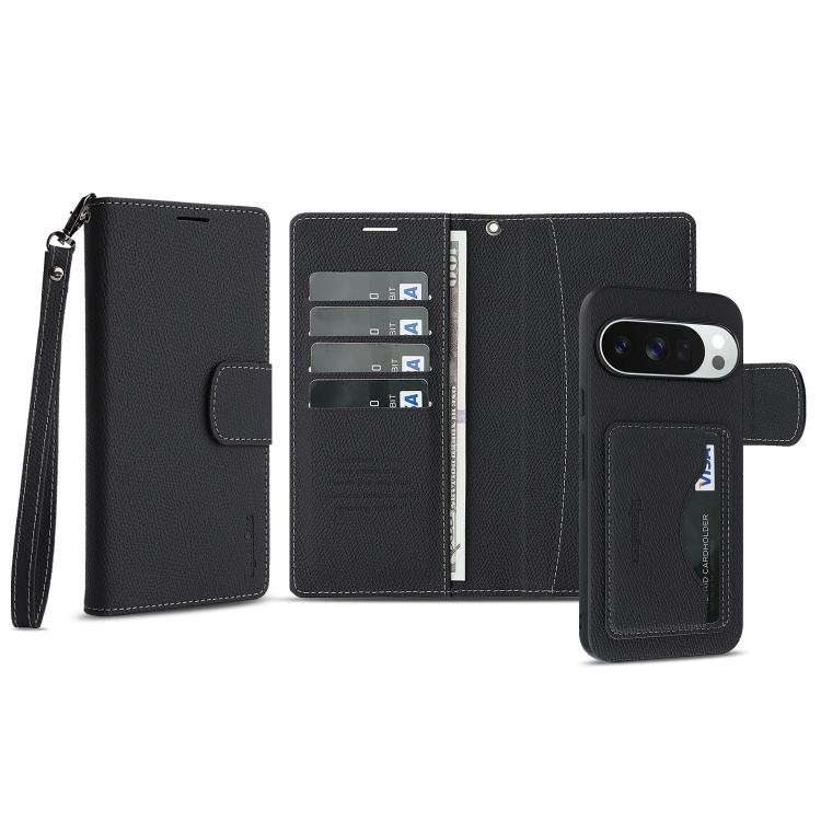 For Google Pixel 9 Pro XL Retro Litchi Texture Vegan Leather Magnetic Wallet Phone Case with Wrist Strap