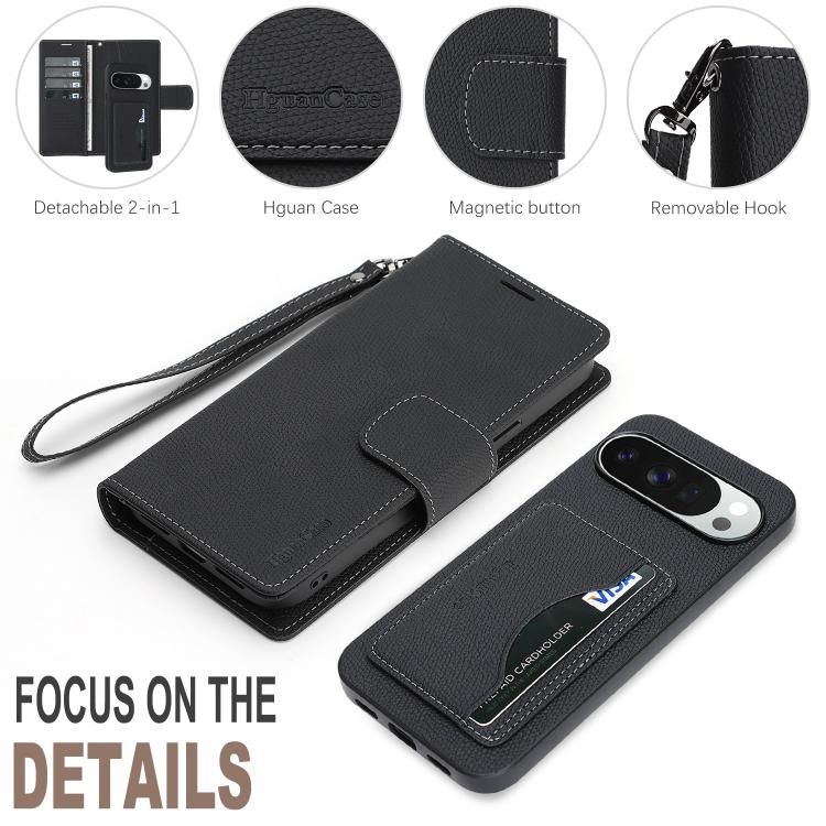 For Google Pixel 9 Pro XL Retro Litchi Texture Vegan Leather Magnetic Wallet Phone Case with Wrist Strap