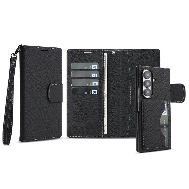 For Galaxy Z Fold7 Retro Litchi Texture Vegan Leather Magnetic Wallet Phone Case with Wrist Strap