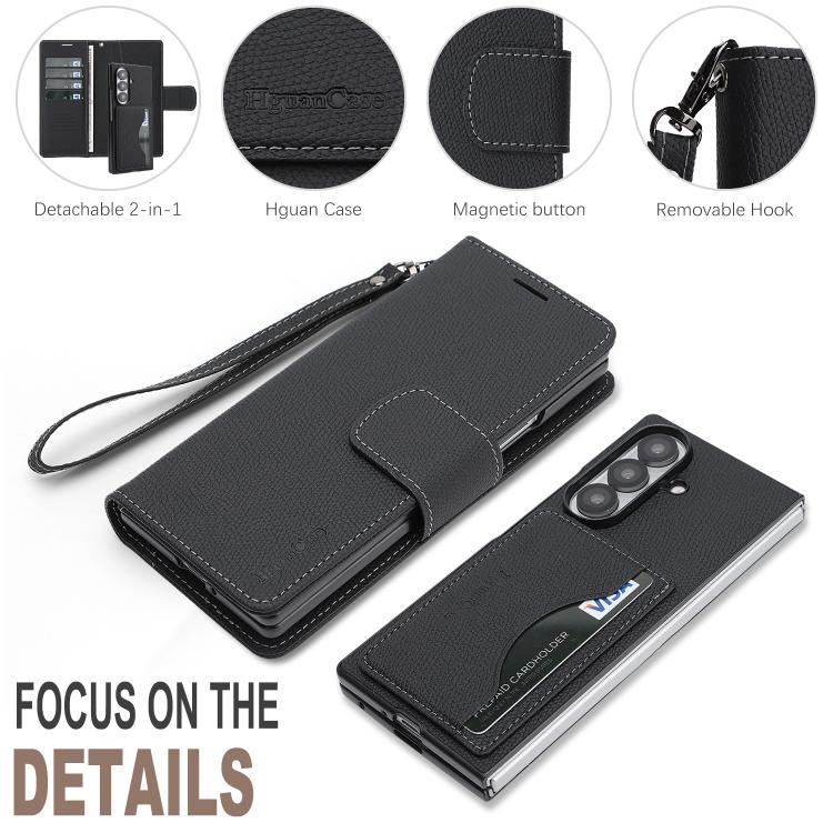 For Galaxy Z Fold7 Retro Litchi Texture Vegan Leather Magnetic Wallet Phone Case with Wrist Strap