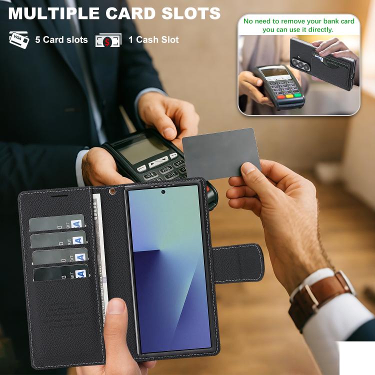 For Galaxy Z Fold7 Retro Litchi Texture Vegan Leather Magnetic Wallet Phone Case with Wrist Strap