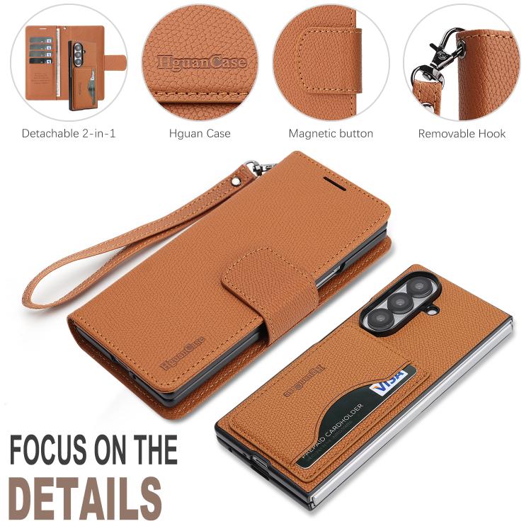 For Galaxy Z Fold7 Retro Litchi Texture Vegan Leather Magnetic Wallet Phone Case with Wrist Strap