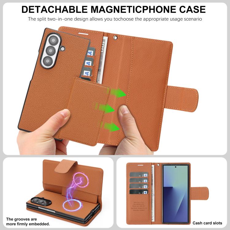 For Galaxy Z Fold7 Retro Litchi Texture Vegan Leather Magnetic Wallet Phone Case with Wrist Strap