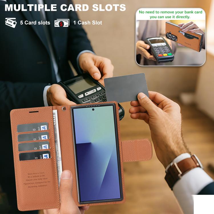 For Galaxy Z Fold7 Retro Litchi Texture Vegan Leather Magnetic Wallet Phone Case with Wrist Strap