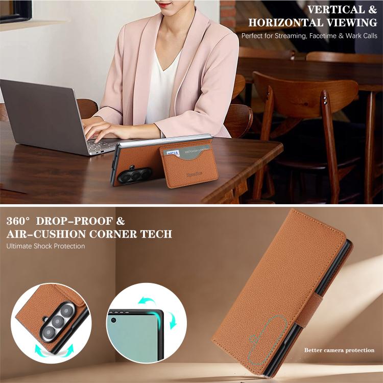 For Galaxy Z Fold7 Retro Litchi Texture Vegan Leather Magnetic Wallet Phone Case with Wrist Strap