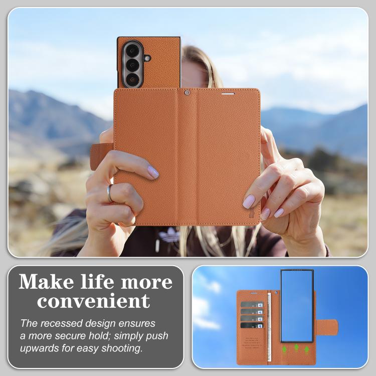 For Galaxy Z Fold7 Retro Litchi Texture Vegan Leather Magnetic Wallet Phone Case with Wrist Strap