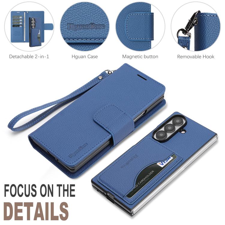 For Galaxy Z Fold7 Retro Litchi Texture Vegan Leather Magnetic Wallet Phone Case with Wrist Strap