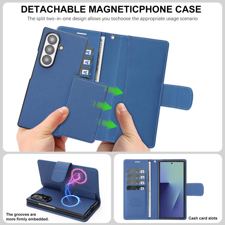 For Galaxy Z Fold7 Retro Litchi Texture Vegan Leather Magnetic Wallet Phone Case with Wrist Strap