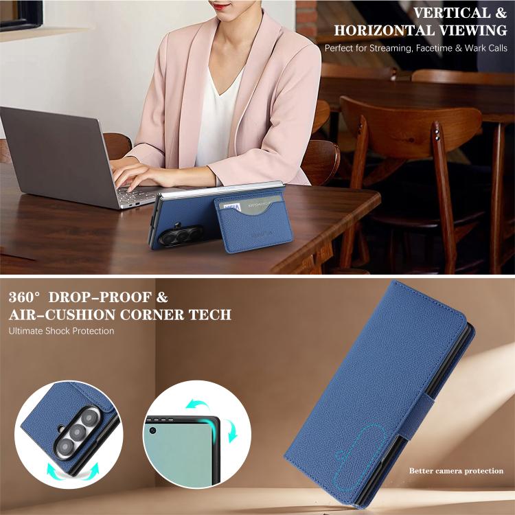 For Galaxy Z Fold7 Retro Litchi Texture Vegan Leather Magnetic Wallet Phone Case with Wrist Strap