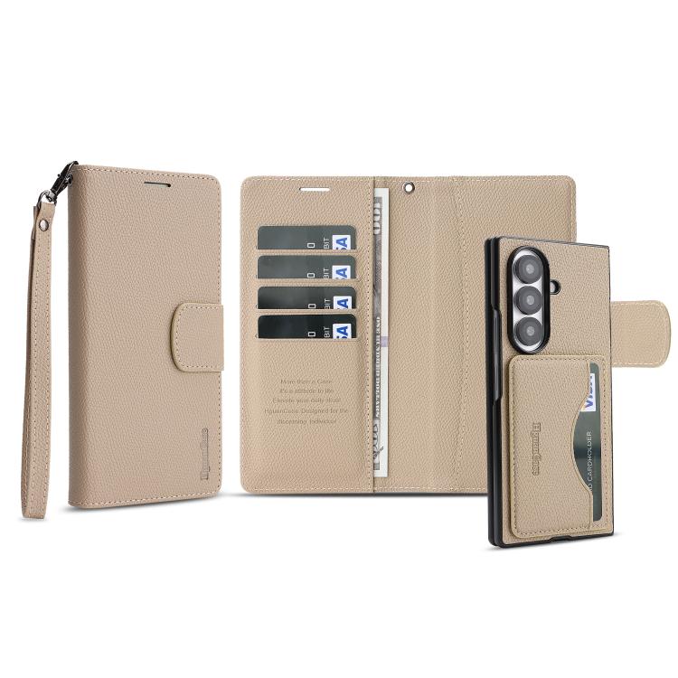 For Galaxy Z Fold7 Retro Litchi Texture Vegan Leather Magnetic Wallet Phone Case with Wrist Strap