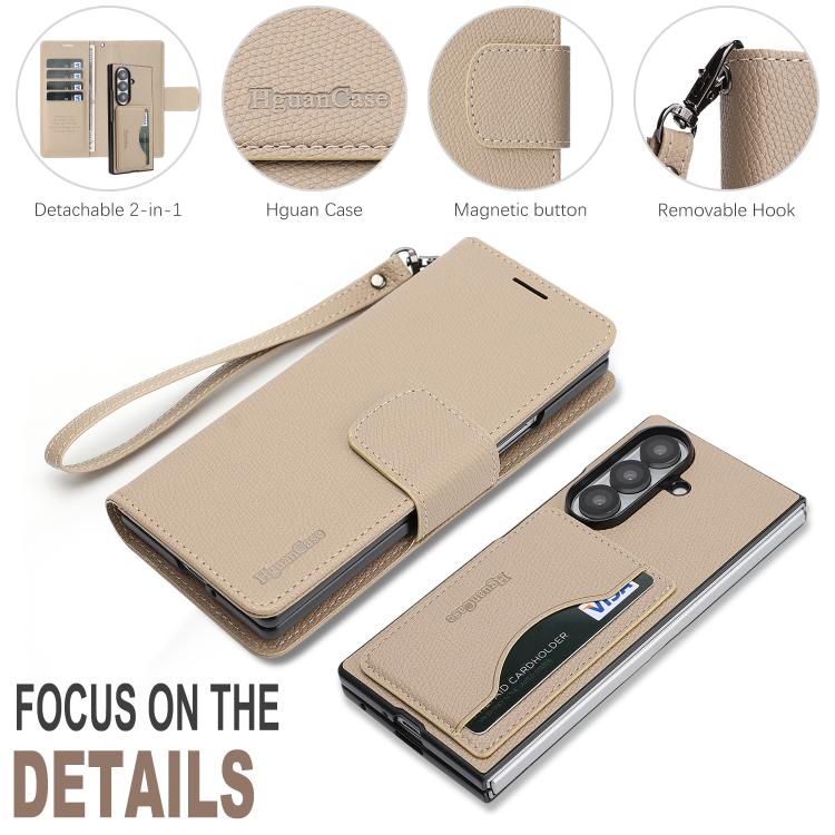 For Galaxy Z Fold7 Retro Litchi Texture Vegan Leather Magnetic Wallet Phone Case with Wrist Strap