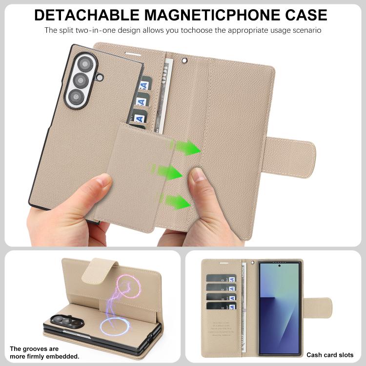For Galaxy Z Fold7 Retro Litchi Texture Vegan Leather Magnetic Wallet Phone Case with Wrist Strap