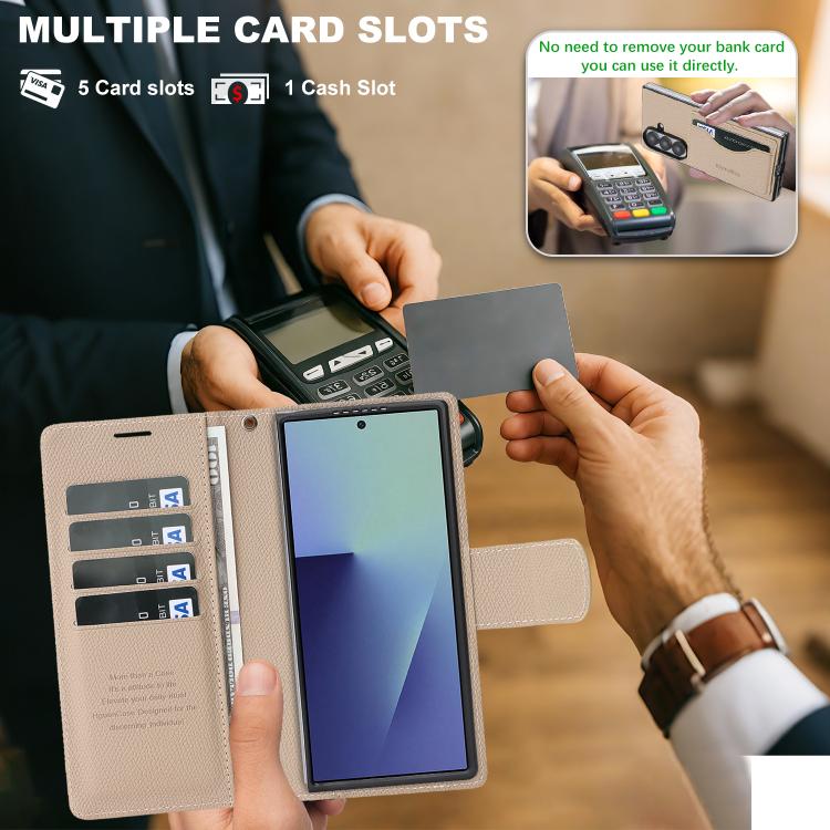 For Galaxy Z Fold7 Retro Litchi Texture Vegan Leather Magnetic Wallet Phone Case with Wrist Strap