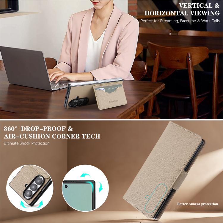 For Galaxy Z Fold7 Retro Litchi Texture Vegan Leather Magnetic Wallet Phone Case with Wrist Strap