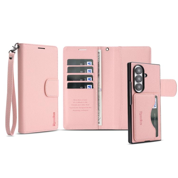 For Galaxy Z Fold7 Retro Litchi Texture Vegan Leather Magnetic Wallet Phone Case with Wrist Strap