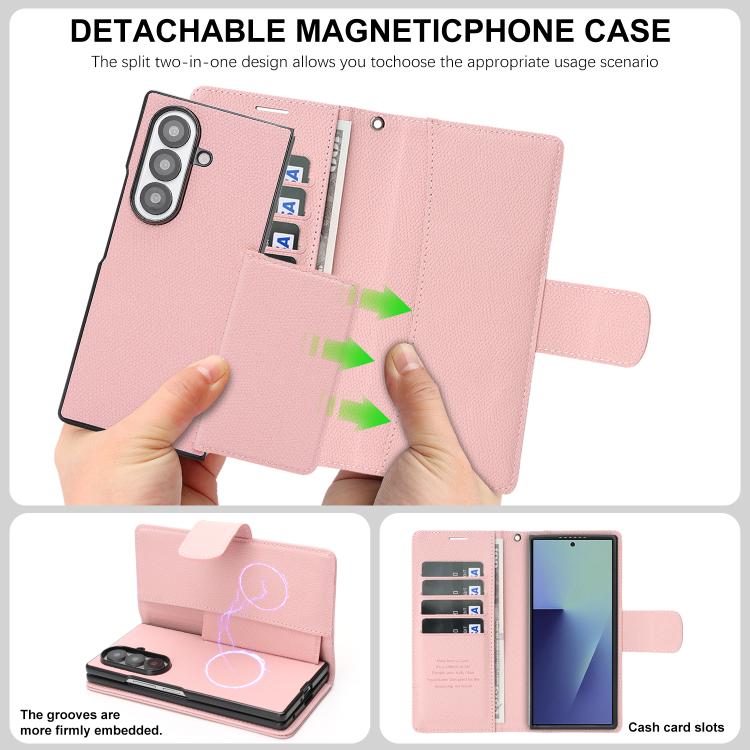 For Galaxy Z Fold7 Retro Litchi Texture Vegan Leather Magnetic Wallet Phone Case with Wrist Strap