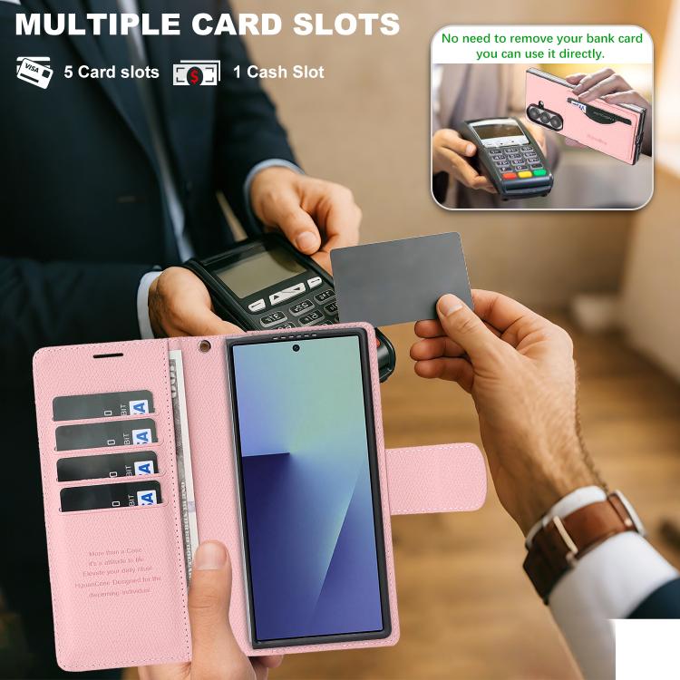For Galaxy Z Fold7 Retro Litchi Texture Vegan Leather Magnetic Wallet Phone Case with Wrist Strap