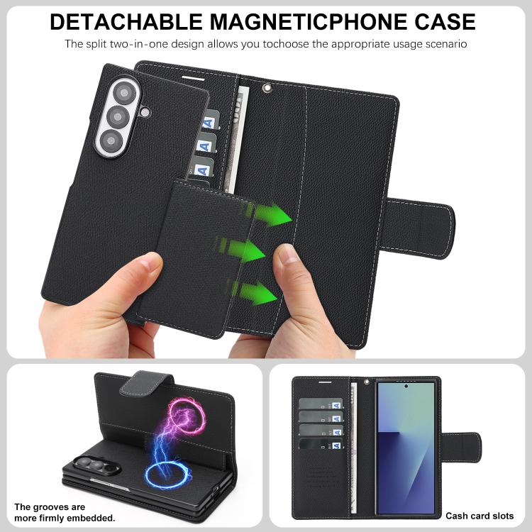 For Galaxy Z Fold6 Retro Litchi Texture Vegan Leather Magnetic Wallet Phone Case with Wrist Strap