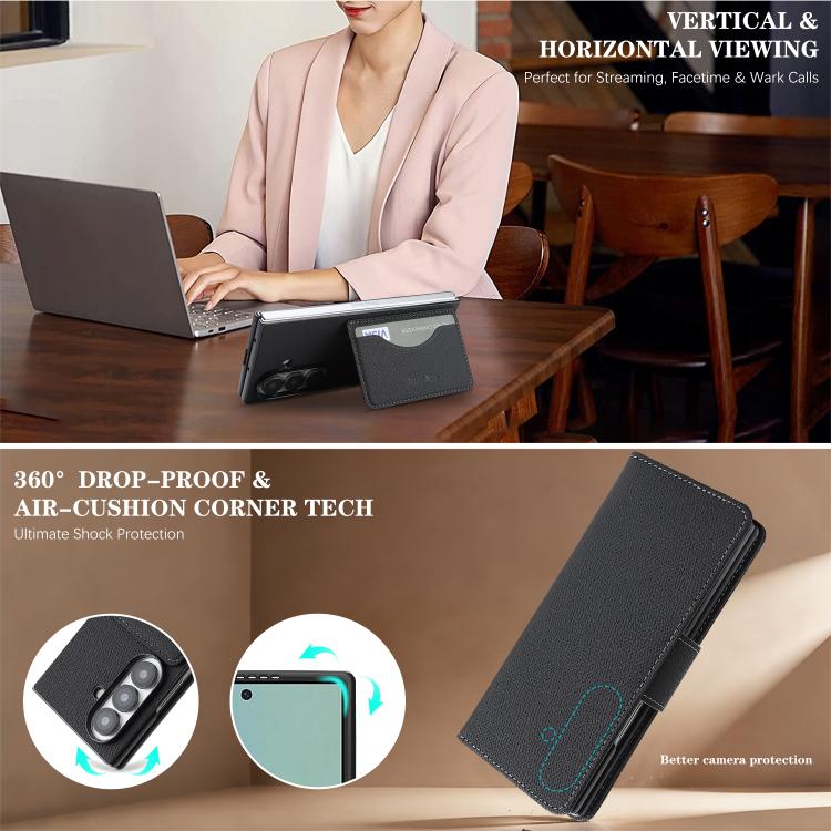 For Galaxy Z Fold6 Retro Litchi Texture Vegan Leather Magnetic Wallet Phone Case with Wrist Strap