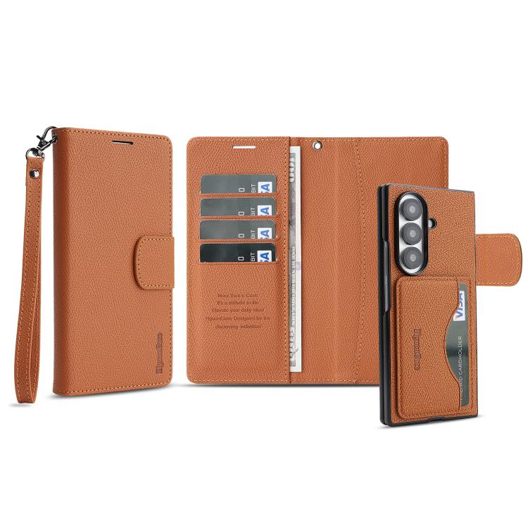 For Galaxy Z Fold6 Retro Litchi Texture Vegan Leather Magnetic Wallet Phone Case with Wrist Strap