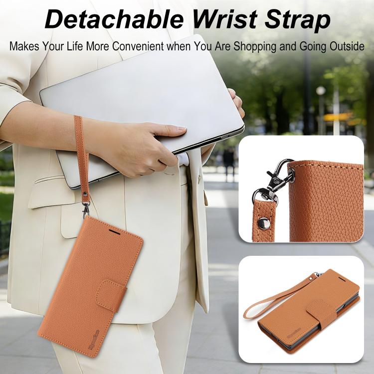 For Galaxy Z Fold6 Retro Litchi Texture Vegan Leather Magnetic Wallet Phone Case with Wrist Strap
