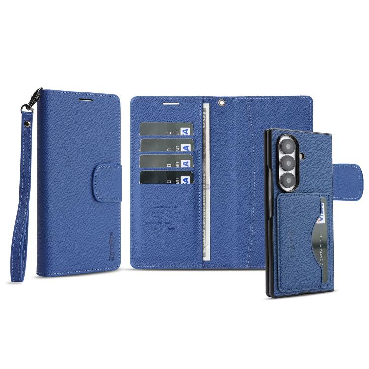 For Galaxy Z Fold6 Retro Litchi Texture Vegan Leather Magnetic Wallet Phone Case with Wrist Strap