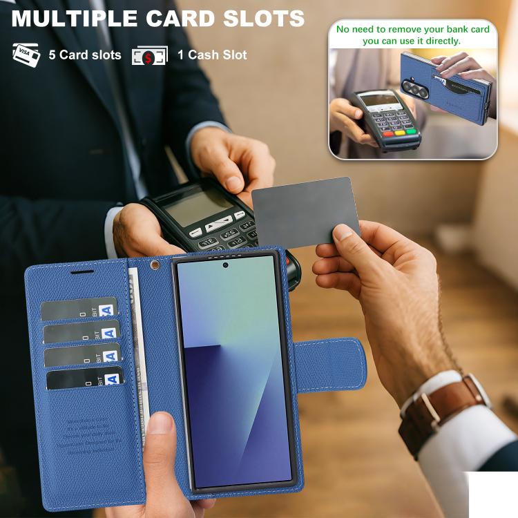 For Galaxy Z Fold6 Retro Litchi Texture Vegan Leather Magnetic Wallet Phone Case with Wrist Strap