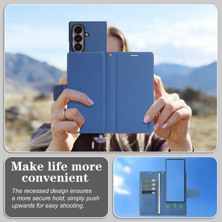For Galaxy Z Fold6 Retro Litchi Texture Vegan Leather Magnetic Wallet Phone Case with Wrist Strap